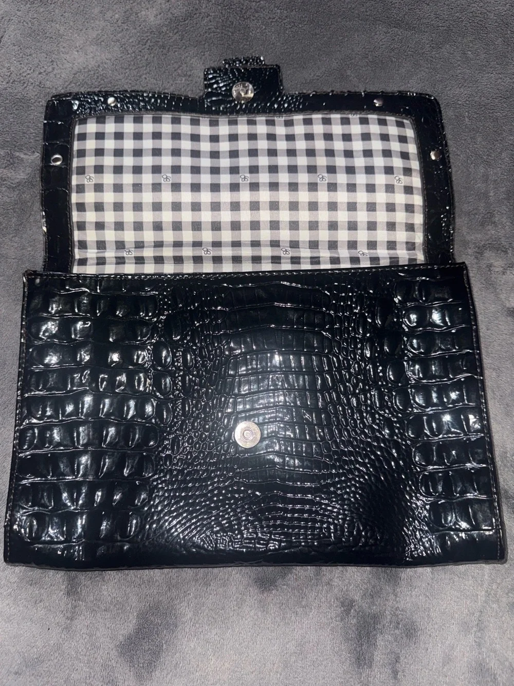 Jessica Simpson Black Patent Leather Croc-Embossed Buckle Clutch Large
